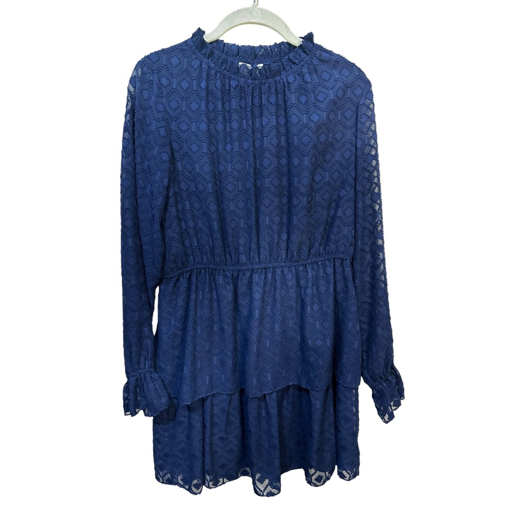 Sail to Sable Dress Womens Med Navy Blue Geometric Clip Dot Tiered Mini Ruffle